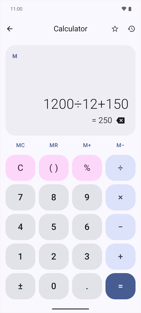 The Calculator with 150 in memory, recalled into 1200÷12+150, previewing 250