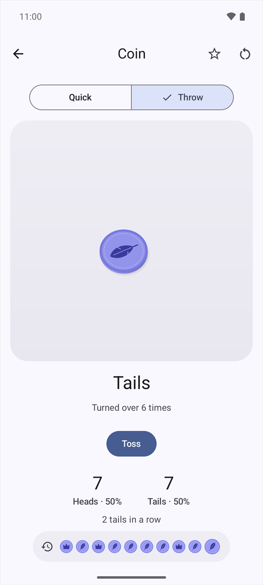 Coin in Throw mode: tails, 7 heads and 7 tails, 2 tails in a row, and the last ten results in the history bar