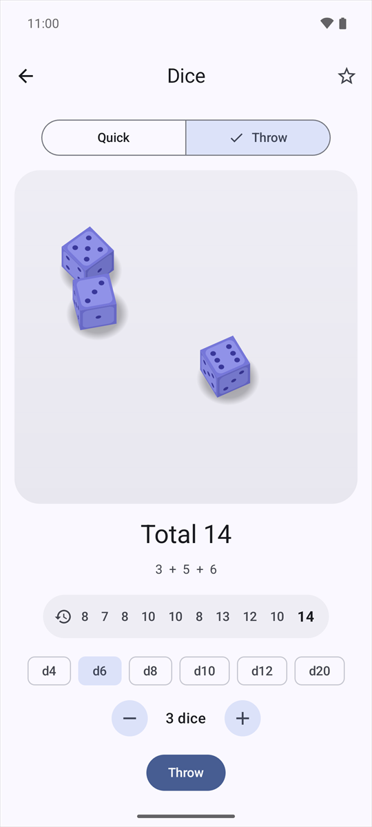 Dice in Throw mode: three six-sided dice totalling 14, with the last ten totals in the history bar