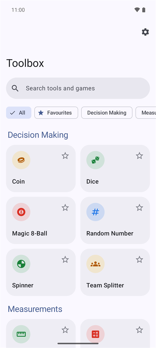The home screen: search, category chips and a two-column tool grid